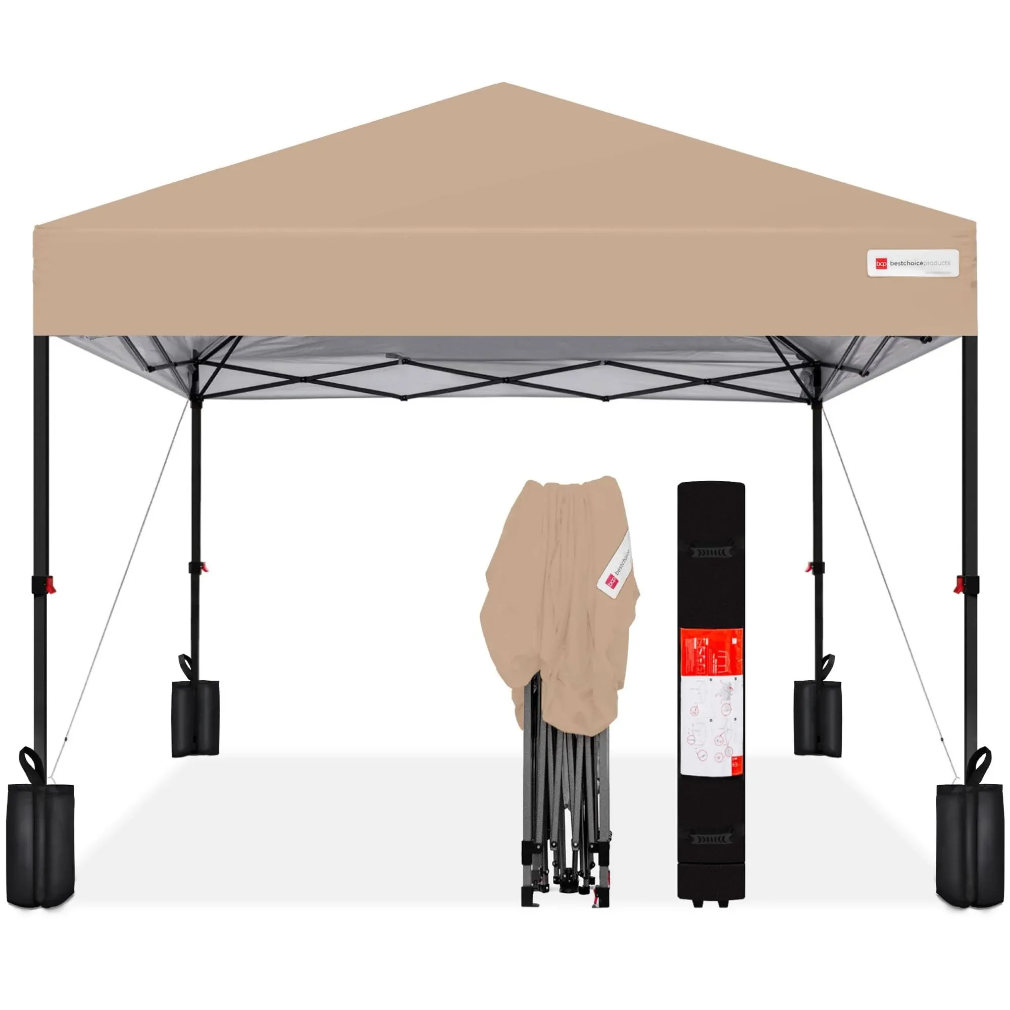 Best Choice Products 8x8ft Easy Setup Pop Up Canopy w/ 1-Button Setup, Wheeled Case, 4 Weight Bags - Tan