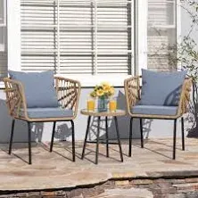 3 Pieces Thick Woven Rattan Design Patio Bistro Set with Glass Coffee Table and Gray Cushion