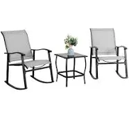 Shintenchi 3 Piece Rocking Bistro Set, Outdoor Furniture with Rocker Chairs and Glass Coffee Table Set of 3, Balcony, Porch Furniture for Small Space, Light Gray