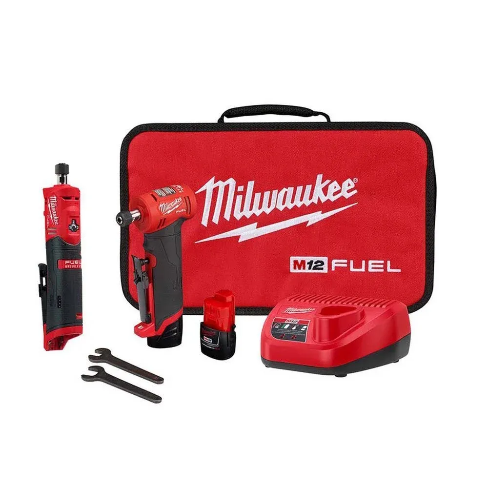 Milwaukee M12 Fuel 12V Lithium-Ion Brushless Cordless 1/4 in. Right Angle & Straight Die Grinder Kit with (2) 2.0Ah Batteries