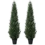 DR.Planzen 5 ft Artificial Cedar Topiary Trees for Outdoors, Set of 2, Potted Cypress Faux Evergreen for Home & Porch Decor