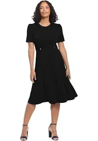 London Times Women's Puff-Sleeve Tab-Detail Fit & Flare Dress