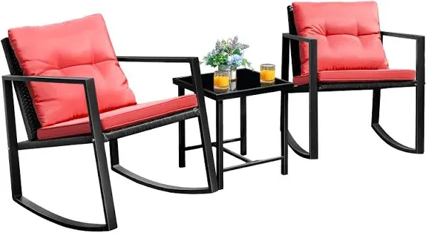 Flamaker 3 Pieces Patio Furniture Set Rocking Wicker Bistro Sets Modern Outdoor Rocking Chair Furniture Sets Clearance Cushioned PE Rattan Chairs