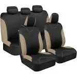 BDK OS-309-AB Tan Trim Black Car Seat Covers Full 9 Piece Set, Sleek & Stylish, Split Option Bench 5 Headrests Front & Rear Bench, Beige