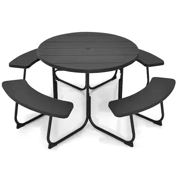 75 in. Black Round Picnic Table Outdoor Bench Set Seats 8-People with 4 Benches and Umbrella Hole