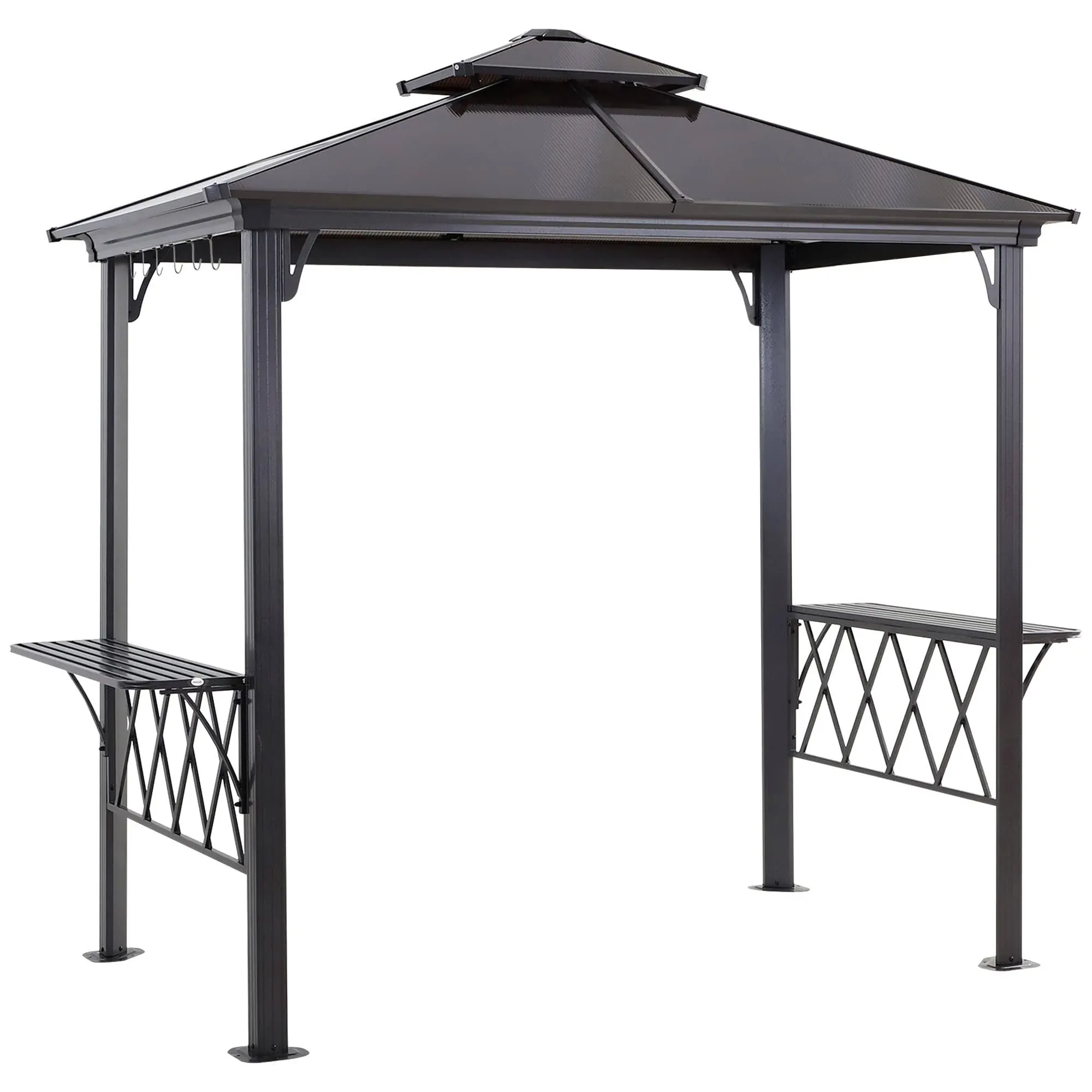 Outsunny 9&#39; x 5&#39; Grill Gazebo, Hardtop BBQ Gazebo Canopy with 2-Tier Polycarbonate Roof, Shelves Serving Tables and Hooks, for Backyard Patio Lawn