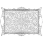 Alisveristime Ottoman Turkish Zamak Serving Tray with Traditional Motifs, Ideal for Coffee and Tea - Six Person Tray (14.5 x 9.85 in) (Silver)