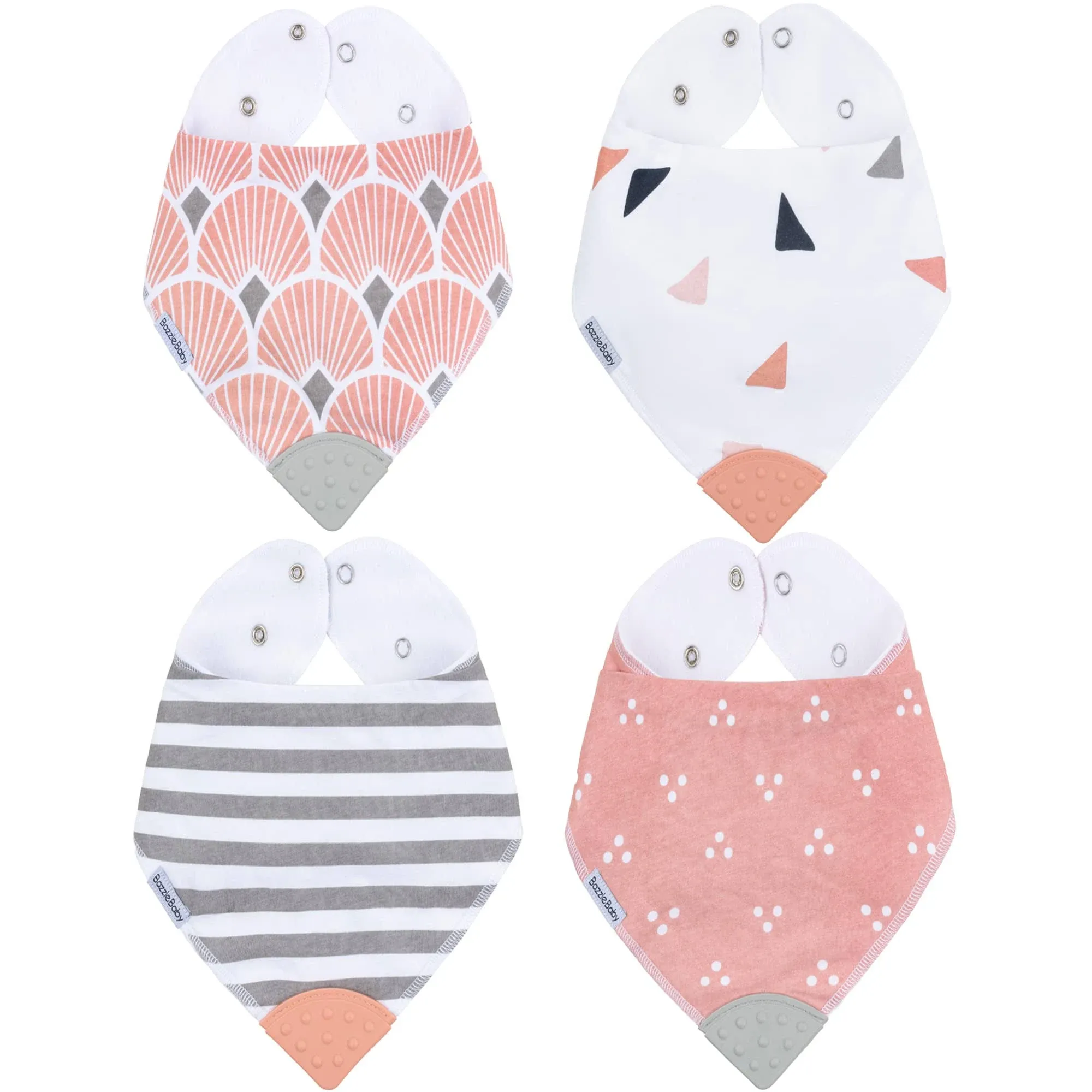 Bazzle Baby Bandana Bib Teething Bib with Teether Corners for Natural Teething Relief Cotton & Fleece Soak Up Drool Bib, White