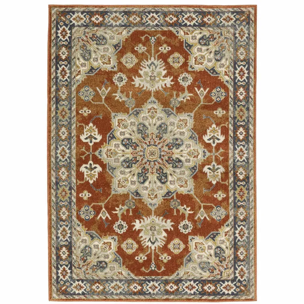 Homeroots Blue Beige Rust Gold And Teal Oriental Power Loom Stain Resistant Area Rug