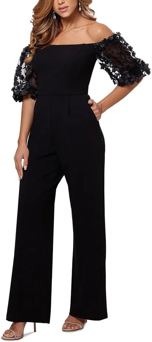 Xscape Floral-Sleeve Off-The-Shoulder Jumpsuit - Black - Size 12