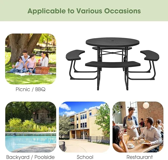 Giantex Picnic Table Set for Up to 8 Persons, Round Outdoor Table and Bench Set with Umbrella Hole, HDPE Top & Metal Frame, 2000LBS Capacity, Patio Table Bench Set for Deck Backyard Garden (Black)