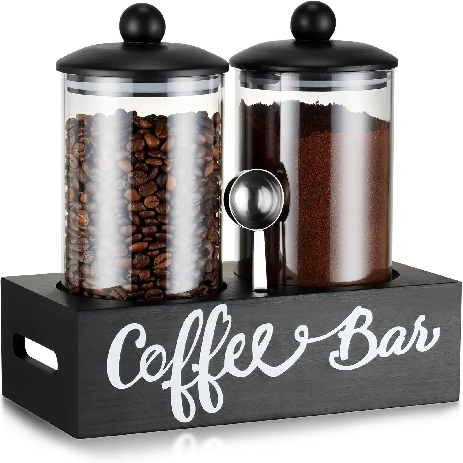 Yangbaga Glass Sugar Coffee Canister for Ground Coffee,2×55OZ Coffee Containers with Handle Shelf Coffee Bar Station Accessories Organizer Decor