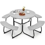 Giantex Picnic Table Set for Up to 8 Persons, Round Outdoor Table and Bench Set with Umbrella Hole