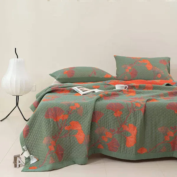 Orange Ginkgo Leaf Cotton Reversible Quilt, Green & Orange / Quilt / Full