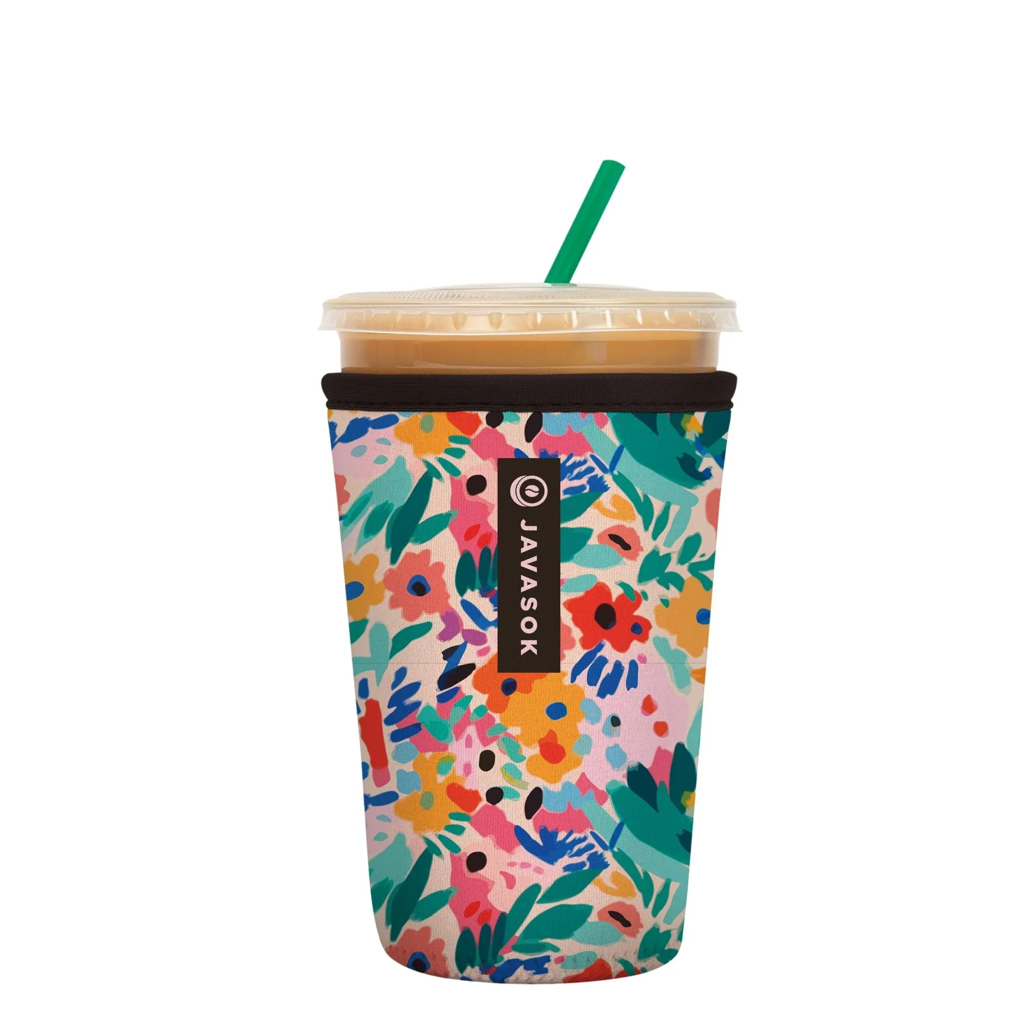 Sok-It JavaSok Reusable Iced Coffee Sleeve, Green/Pink, Abstract Floral, Medium 22-28oz