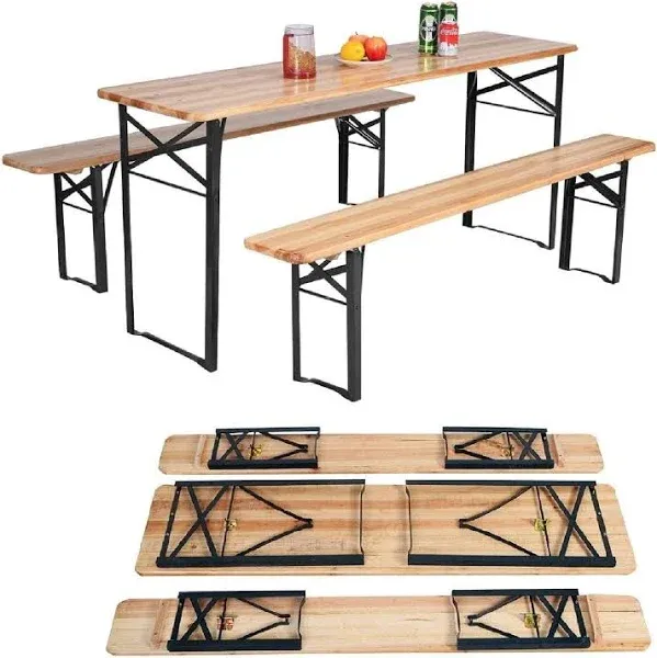 3 Pcs Folding Wooden Picnic Table Bench Set