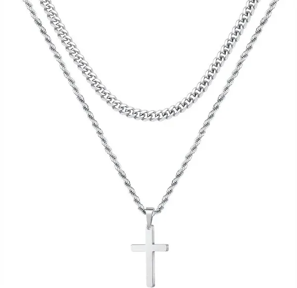 18K Gold Stainless Steel Layered Cross Necklace for Men