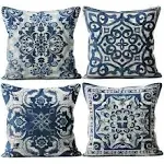 Blue Throw Pillow Covers - Linen Blue Pillow Covers 18x18 Set of 4, Decorativ...