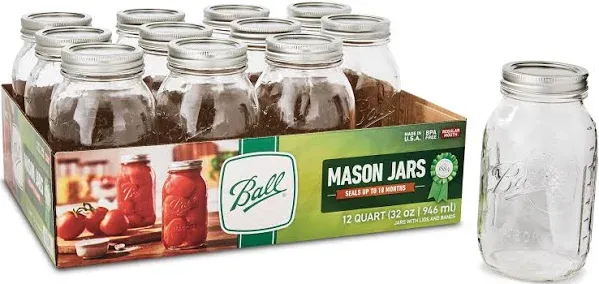 Ball Regular Mouth Mason Jars with Lids, Quart - 12 pack