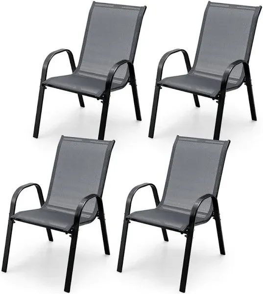 4PCS Patio Stacking Dining Chairs w/ Curved Armrests & Breathable Seat Fabric Brown