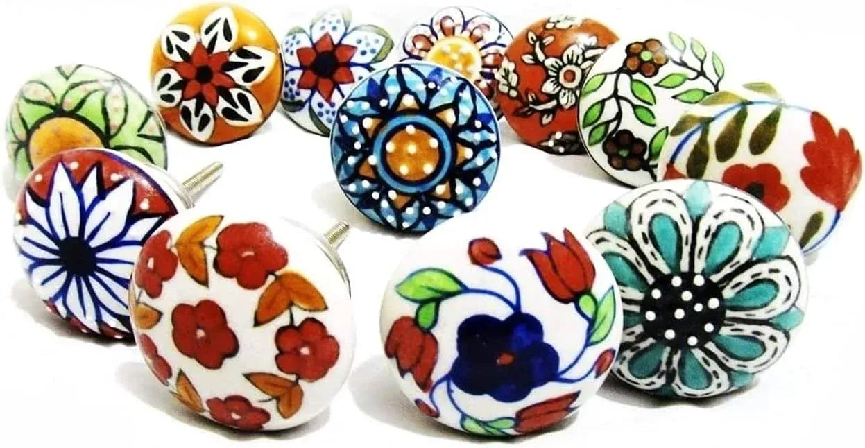 Royal Kraft Vintage Multicolor Painted Ceramic Pull Knobs for Kitchen Cabinet, Door & Drawer, Wardrobe, Cupboard (Set of 10) Sknob001