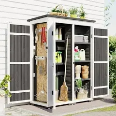 RUNNA Rustic Style Outdoor 5.5ft Hx4.1ft L Wood Storage Shed, Garden Tool Cabinet with Waterproof Asphalt Roof, Four Lockable Doors, Multiple-Tier Shelves (White+Gray#016)