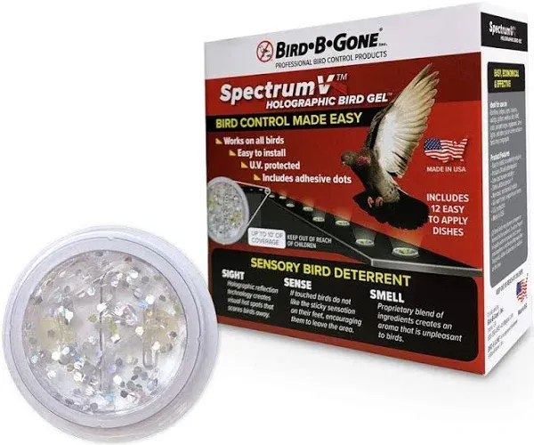 Bird B Gone - SpectrumV Holographic Bird Gel - Bird Repellent Gel - Repels Birds - Protect Edges, Ledges, Rooftops, Etc - UV Protected & Humane - Easy to Install Dishes - 12 Self-Adhering Dots