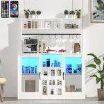 Vinctik 6&Fox White LED Buffets&Sideboards w/60000-color Lights,6FT Power Outlet,7 Hooks,9Bottle Rack,Adjustable Shelf for Tea Liquor Wine