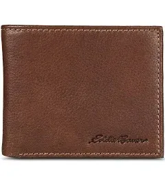 Eddie Bauer Men's Signature Logo Leather Flip ID Bifold Wallet, Brown