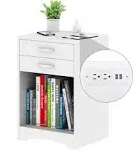 HOSEOKA White Nightstand with Charging Station 2 Drawer Bedroom Nightstand Wood