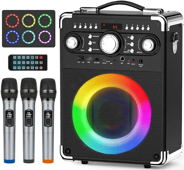 Karaoke Machine with 3 Wireless Microphones, Bluetooth Karaoke Speaker with 3 Mi