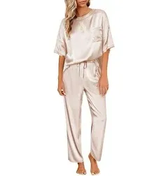 Dakimoe Womens Silk Satin Pajama Set Short Sleeve Shirt with Long Pajama Pant Set Two-piece Pj Sets Soft Sleepwear Loungewear Nightwear Button-Down