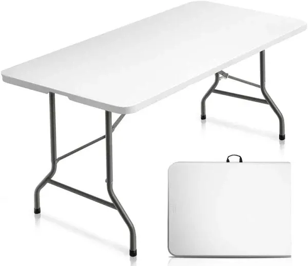 Vingli Plastic Folding Table Portable Long White Table for Indoor Outdoor Use Rectangular with Carrying Handle