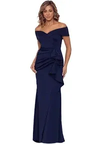 Xscape Evenings Off The Shoulder Ruffle Scuba Gown