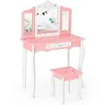 Costway Kids Princess Vanity Table and Stool Set with Tri-Folding Mirror and Drawer-Pink