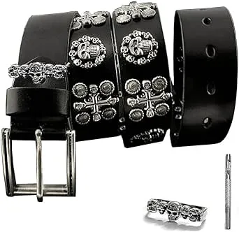 Men&#039;s Punk Genuine Leather Belts Biker Rock Skull Cross Black Waist Strap belt