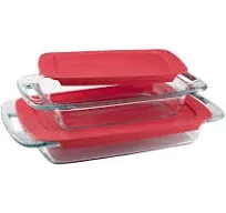 Pyrex Easy Grab 4-piece Rectangular Glass Bakeware Set with Red Lids, Clear