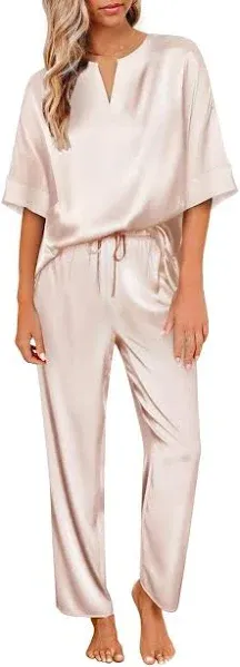 Dakimoe Womens Silk Satin Pajama Set Short Sleeve Shirt with Long Pajama Pant Set Two-piece Pj Sets Soft Sleepwear Loungewear Nightwear Button-Down