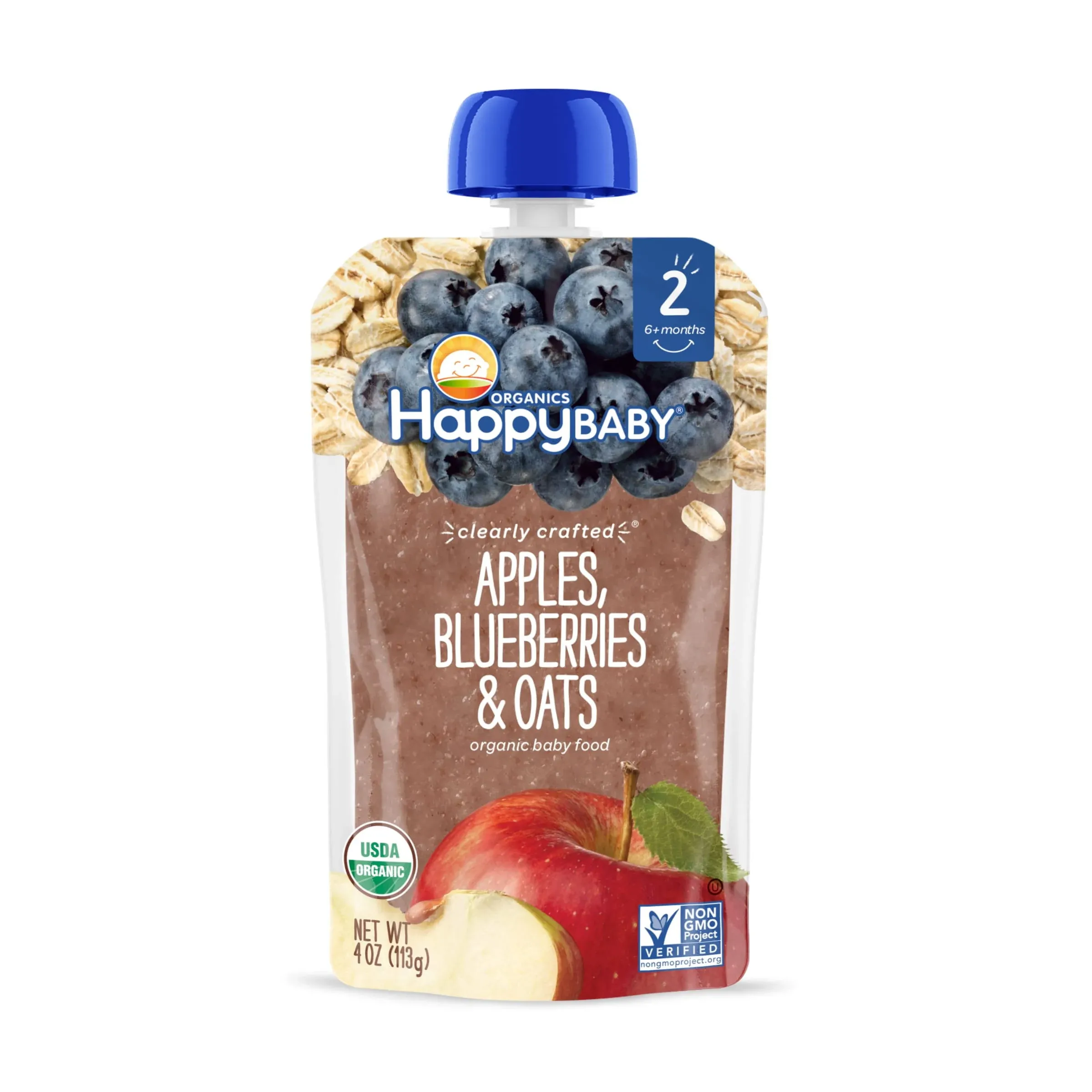 Happy Baby Stage 2 Clearly Crafted Organic Baby Food, Apples Blueberries and Oats - 4 oz pouch