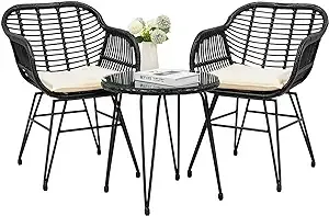 PROHIKER 3 Pieces Outdoor Wicker Bistro Patio Furniture Set, Porch Furniture Rattan Conversation Sets with Side Table and Cushions for Garden Poolside Backyard, Black/Beige