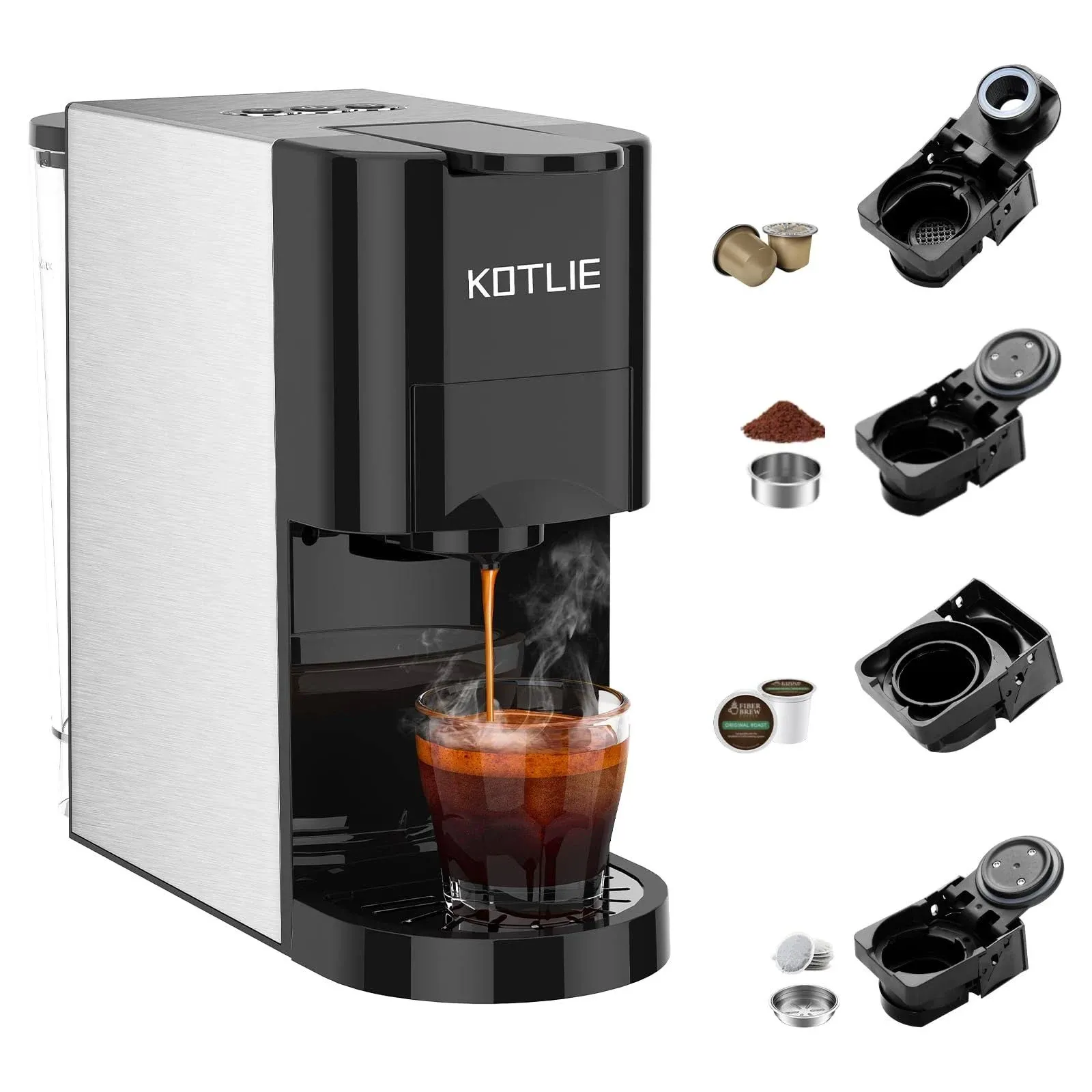 KOTLIE Single Serve Coffee Maker,4in1 Espresso Machine for Nespresso original/K cups/L'OR/Ground Coffee/illy Coffee ESE,19Bar Espresso Maker,1450W