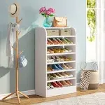 8-Tier Shoe Storage Cabinet White Wooden Shoe Rack Freestanding Tall Adjustable