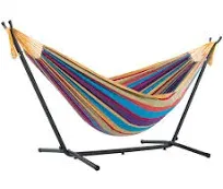 Vivere Double Cotton Hammock with Space Saving Steel Stand, Tropical 450 Lb Capa