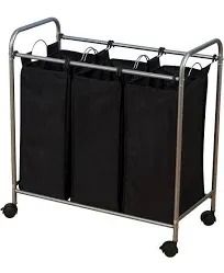 HOUSEHOLD ESSENTIAL Laundry Sorter Hamper Triple Bags Wheels Satin Silver Black