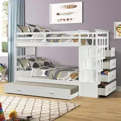 Merax Twin Over Twin Bunk Bed with Trundle, Bunkbed with Staircase, Full-Length Guardrail and Slats Supports Foundation