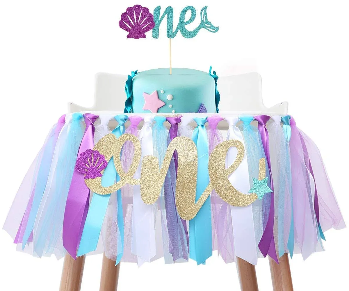 Baby Mermaid Skirt for 1st Birthday - Party Supplies for Highchair Tutu Skirt, First Birthday with One Pennant,Cake Topper for Birthday Party