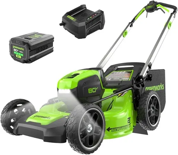 Greenworks 80V 21" Brushless Cordless (Self-Propelled) Lawn Mower (LED Headlight + Aluminum Handles), 4.0Ah Battery and Rapid Charger Included (75+