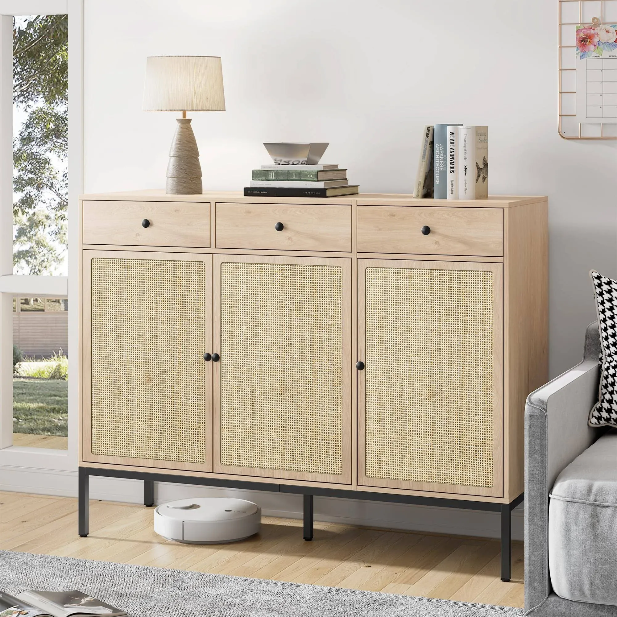 Brafab Rattan Cabinet Storage Sideboard Buffet Table Accent Console for Living Room Entryway Kitchen Dining Room 2 Drawers