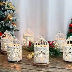 JHY DESIGN 6 Pcs 5.5 inch Height Small Metal Candle Stick Holder Hanging Birdcage Tealight Lantern Hollow Candle Holders for Table Valentine Patio Indoor Outdoor Gifts(Black)