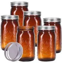 Eleganttime Amber Glass Mason Jars 32 oz Wide Mouth 6 Pack,Amber Quart Canning Jars with Airtight Lids and Bands for for Canning, Freezing, Fermenting